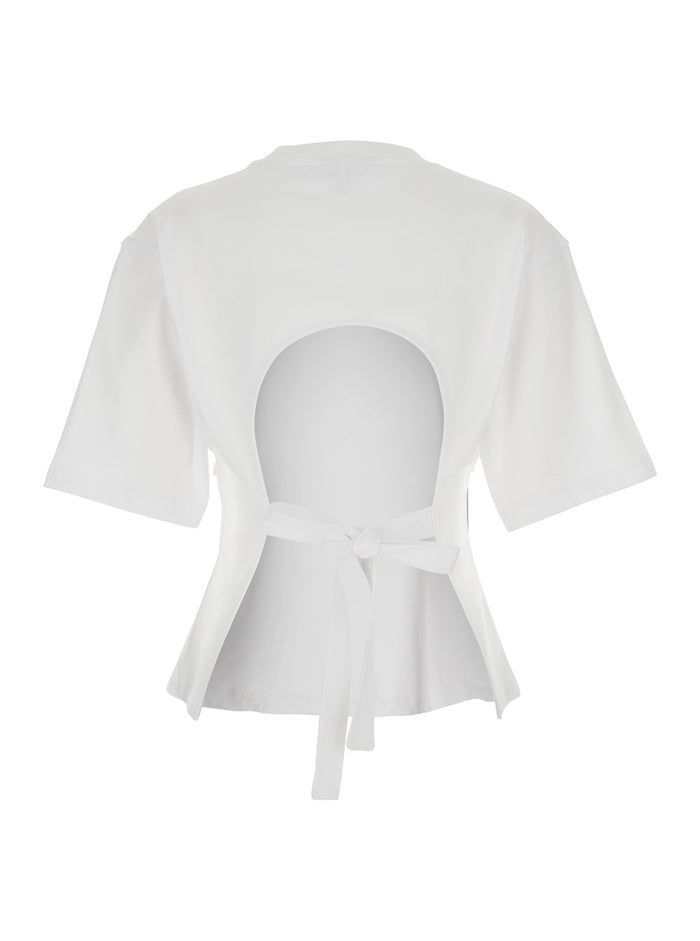 White Crewneck T-Shirt With Front Embellishments And Rear Bow Closure Cotton Woman Organic Tshirts Polo Shirts