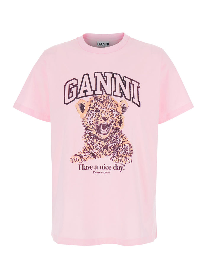Pink Crewneck T-Shirt With Maxi Logo Print On The Front Cotton Man Organic Tshirts And Polo Shirts