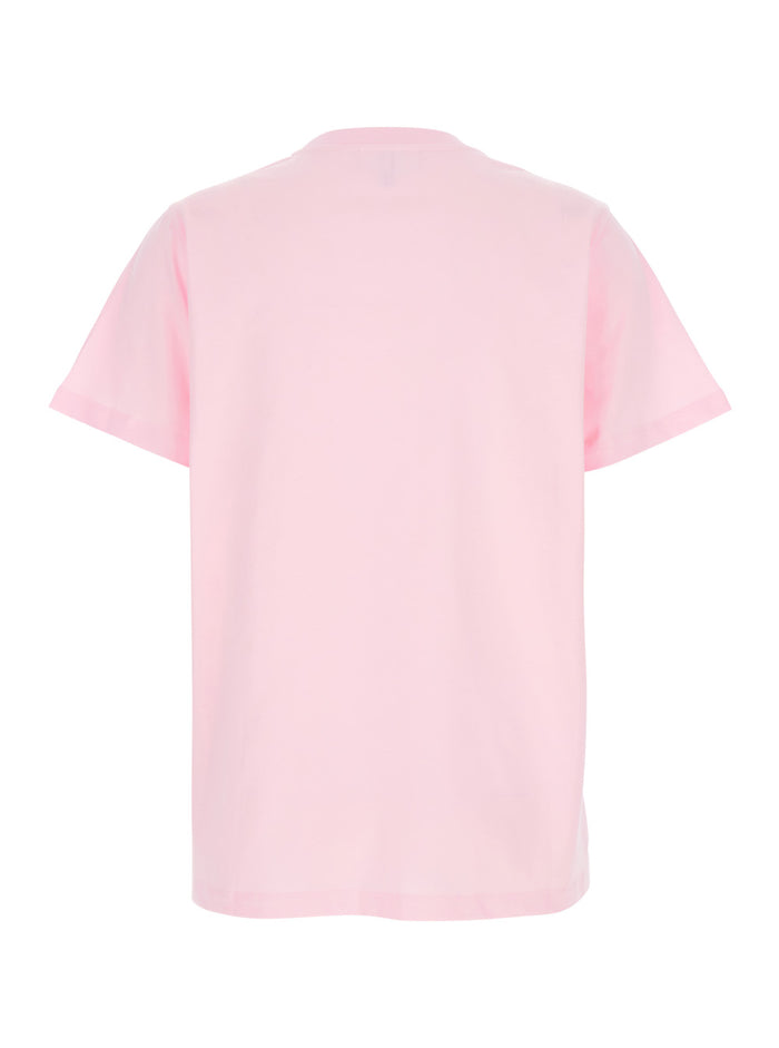 Pink Crewneck T-Shirt With Maxi Logo Print On The Front Cotton Man Organic Tshirts And Polo Shirts