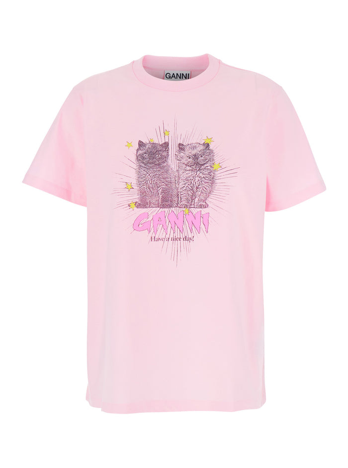 Pink Crewneck T-Shirt With Logo Print On The Front Cotton Woman Organic Tshirts And Polo Shirts