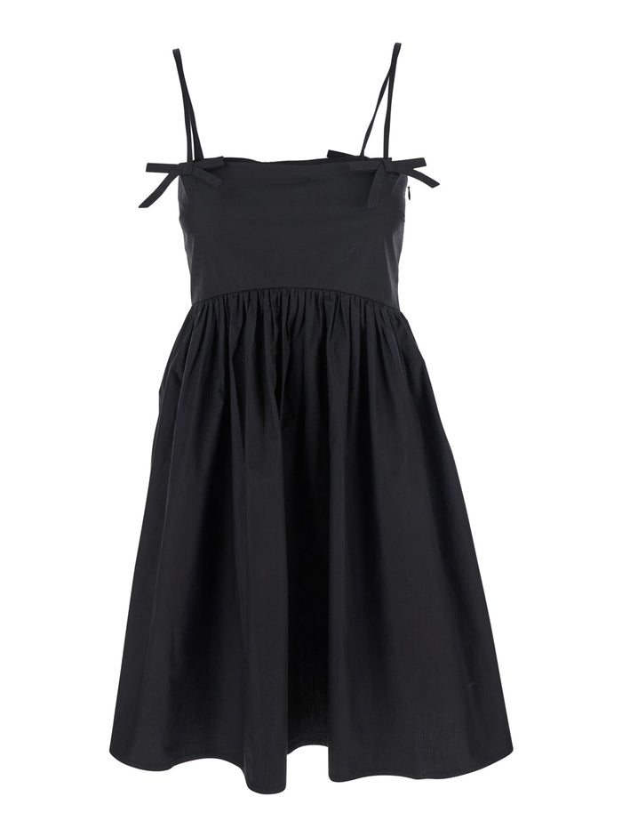 Black Sleeveless Dress With Spaghetti Straps And Bow Detail On The Rear Cotton Woman Organic