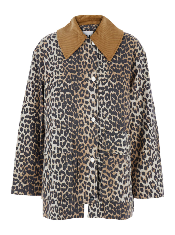 Brown Jacket With Wide Collar And All-Over Leopard Print Cotton Blend Woman Hemp Organic Blazers