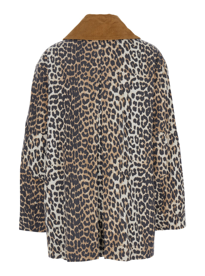 Brown Jacket With Wide Collar And All-Over Leopard Print Cotton Blend Woman Hemp Organic Blazers