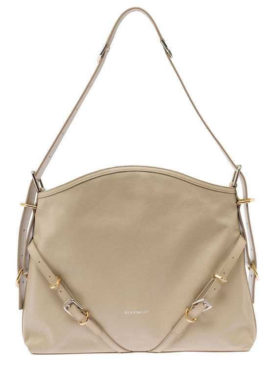 Voyou Beige Shoulder Bag with Embossed Logo in Smooth Leather Woman Calf