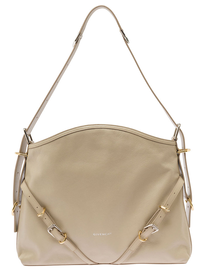 Voyou Beige Shoulder Bag with Embossed Logo in Smooth Leather Woman Calf