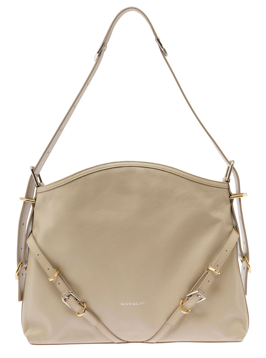 Voyou Beige Shoulder Bag With Embossed Logo Calf Leather