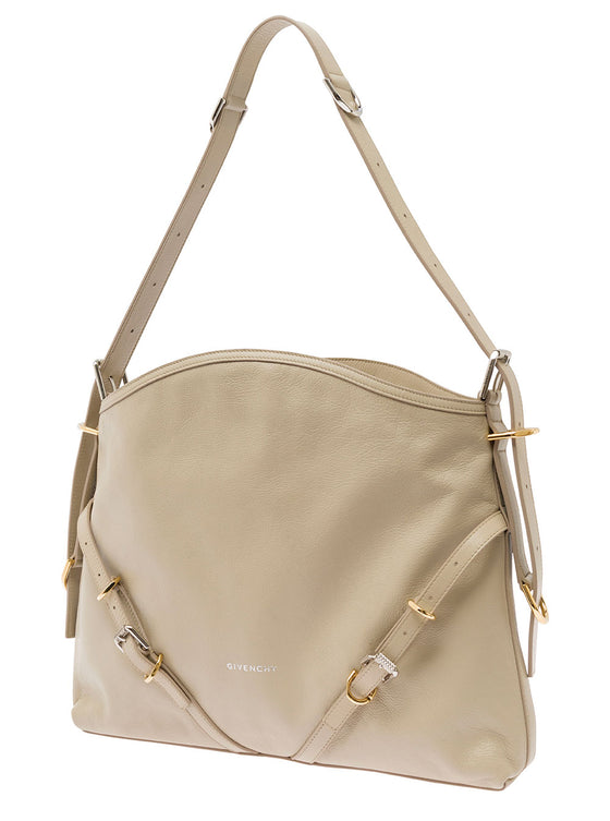 Voyou Beige Shoulder Bag with Embossed Logo in Smooth Leather Woman Calf