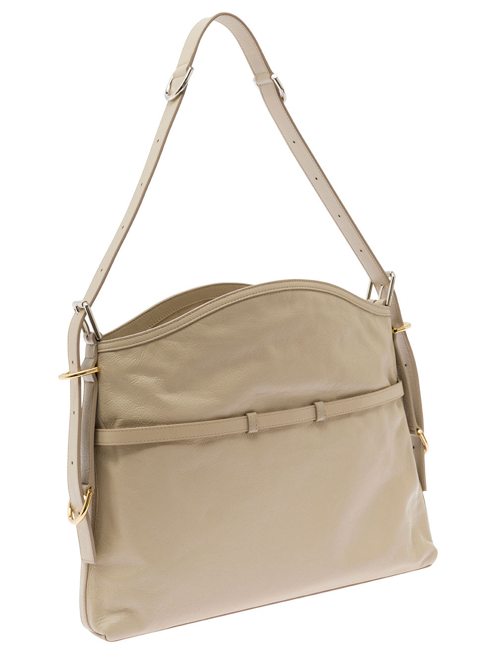Voyou Beige Shoulder Bag with Embossed Logo in Smooth Leather Woman Calf