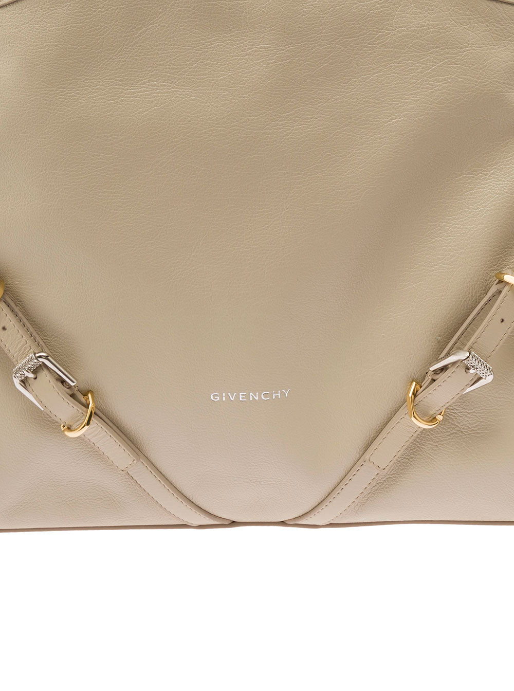 Voyou Beige Shoulder Bag with Embossed Logo in Smooth Leather Woman Calf
