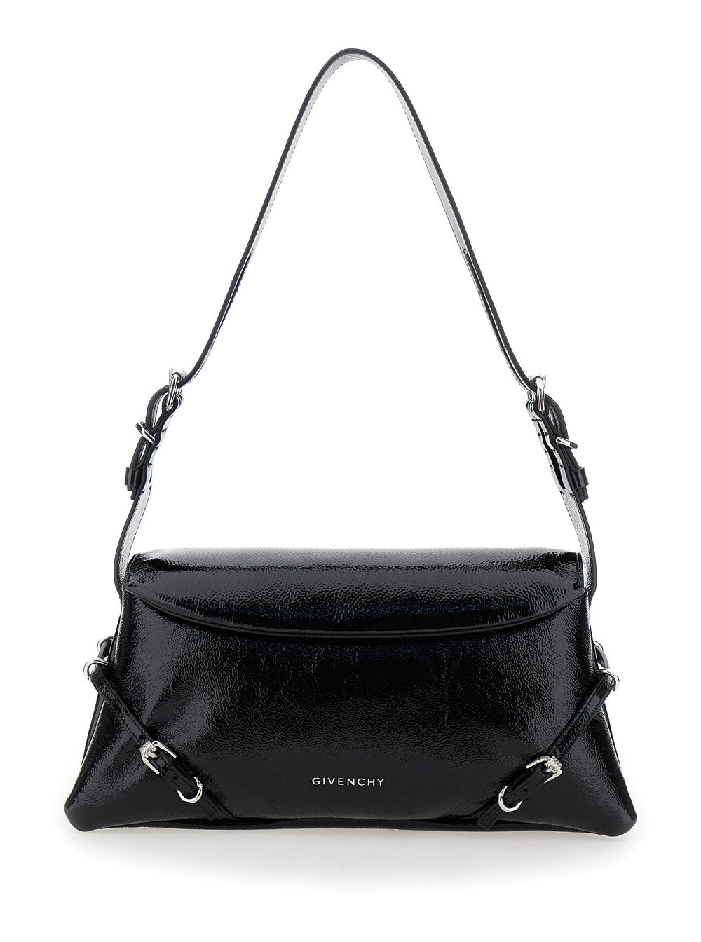 Ptit Voyou Black Shoulder Bag with Logo Lettering on the Front and Adjustable Strap in Leather Woman Calf