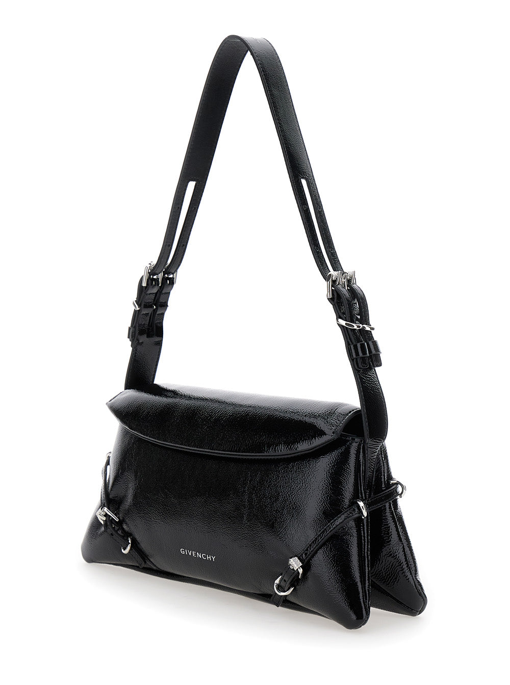 Ptit Voyou Black Shoulder Bag with Logo Lettering on the Front and Adjustable Strap in Leather Woman Calf