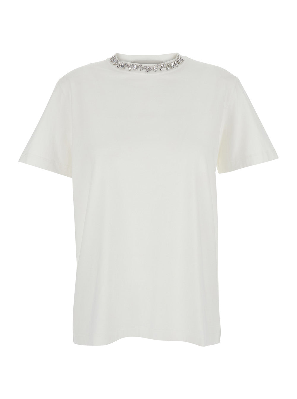 White Crewneck T-Shirt With Rhinestone Embellishments On The Collar And Logo Detail Rear Cotton Woman Tshirts Polo Shirts