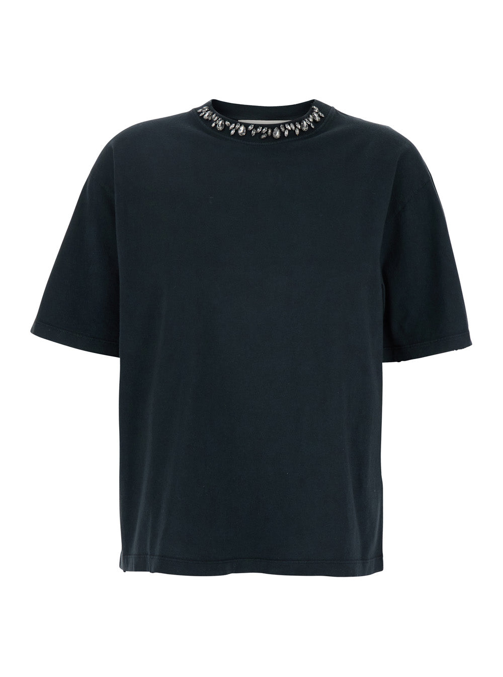 Black Round Neck T-Shirt With Applied Crystals And Boxy Design Cotton Woman Tshirts Polo Shirts