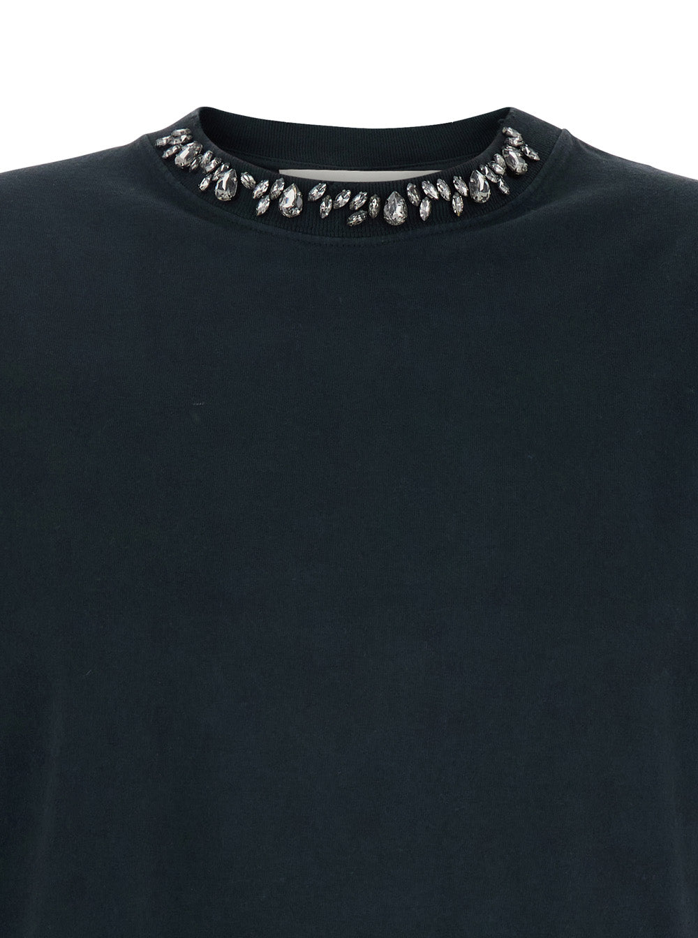 Black Round Neck T-Shirt With Applied Crystals And Boxy Design Cotton Woman Tshirts Polo Shirts