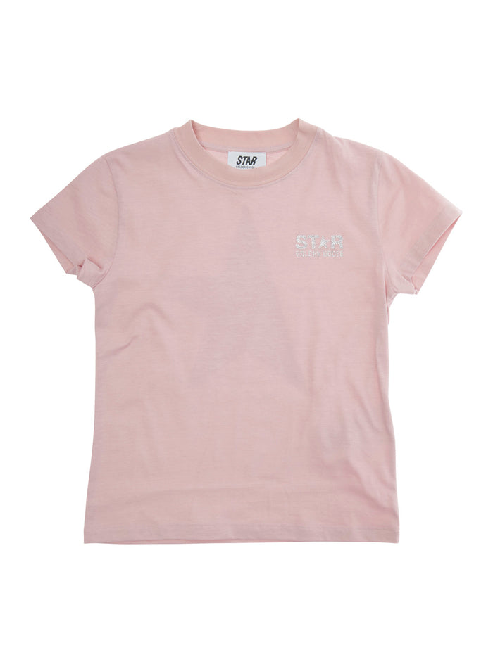 Pink Crewneck T-Shirt With Logo Detail On The Front And Maxi Print Rear Cotton Girl Tshirts Polo Shirts