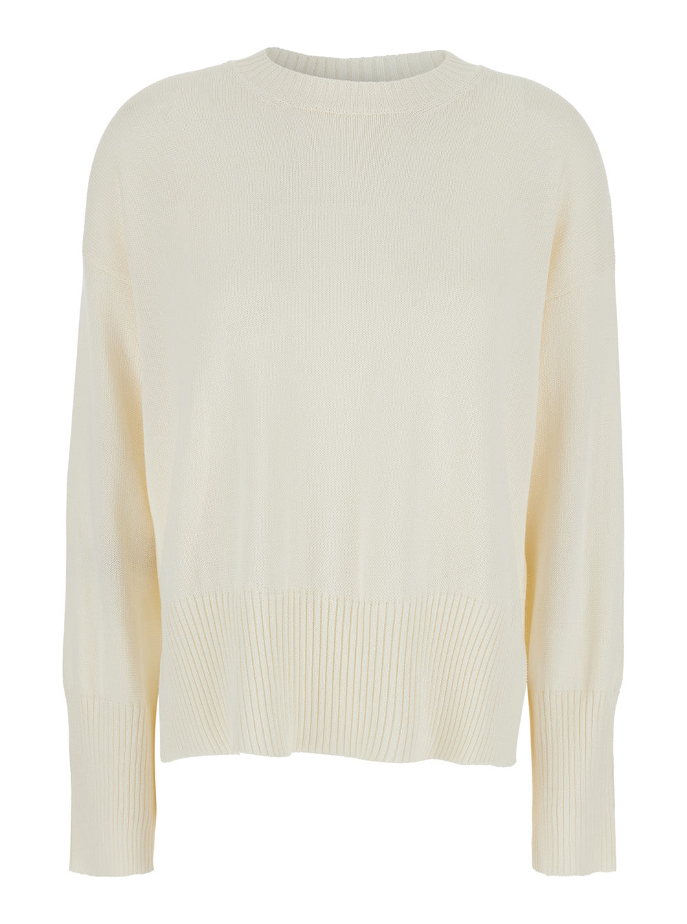 White Crewneck Sweater With Ribbed Trims Cotton Woman Jersey
