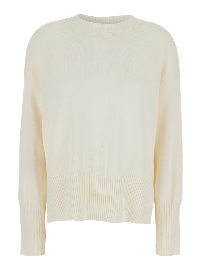 White Crewneck Sweater With Ribbed Trims Cotton Woman Jersey