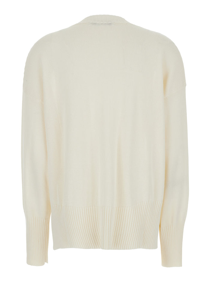 White Crewneck Sweater With Ribbed Trims Cotton Woman Jersey