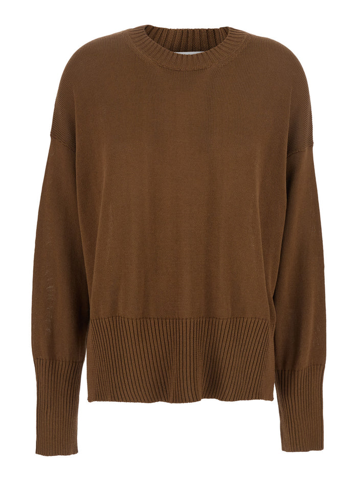Brown Crewneck Sweater With Ribbed Trims Cotton Woman Jersey