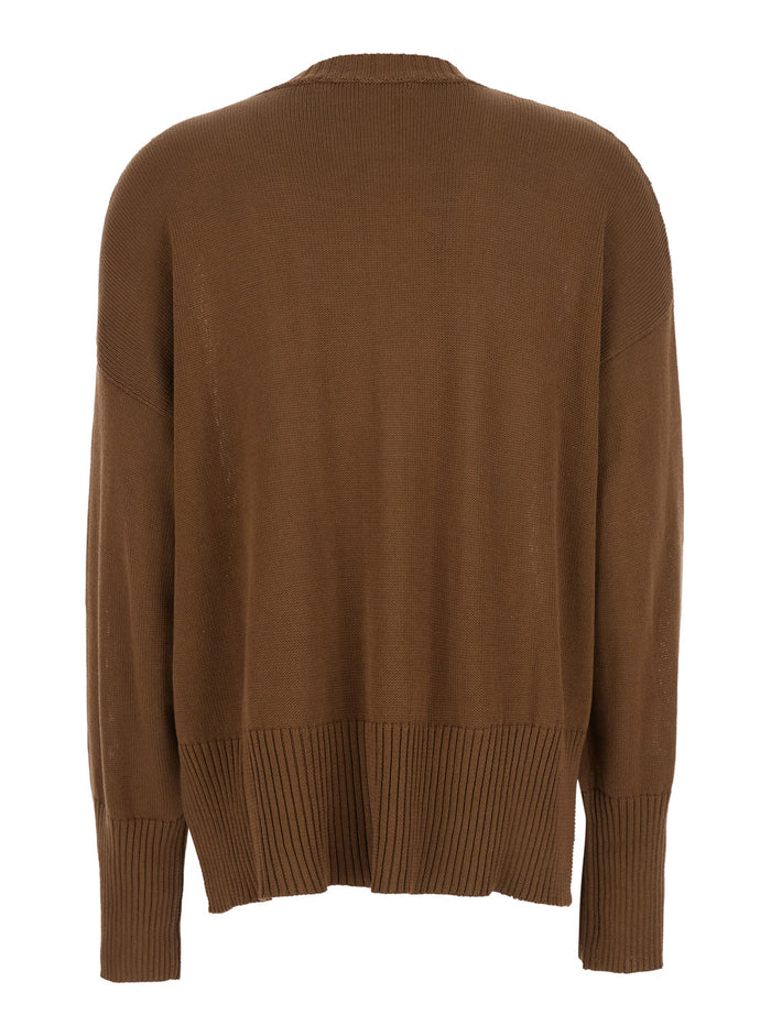 Brown Crewneck Sweater With Ribbed Trims Cotton Woman Jersey