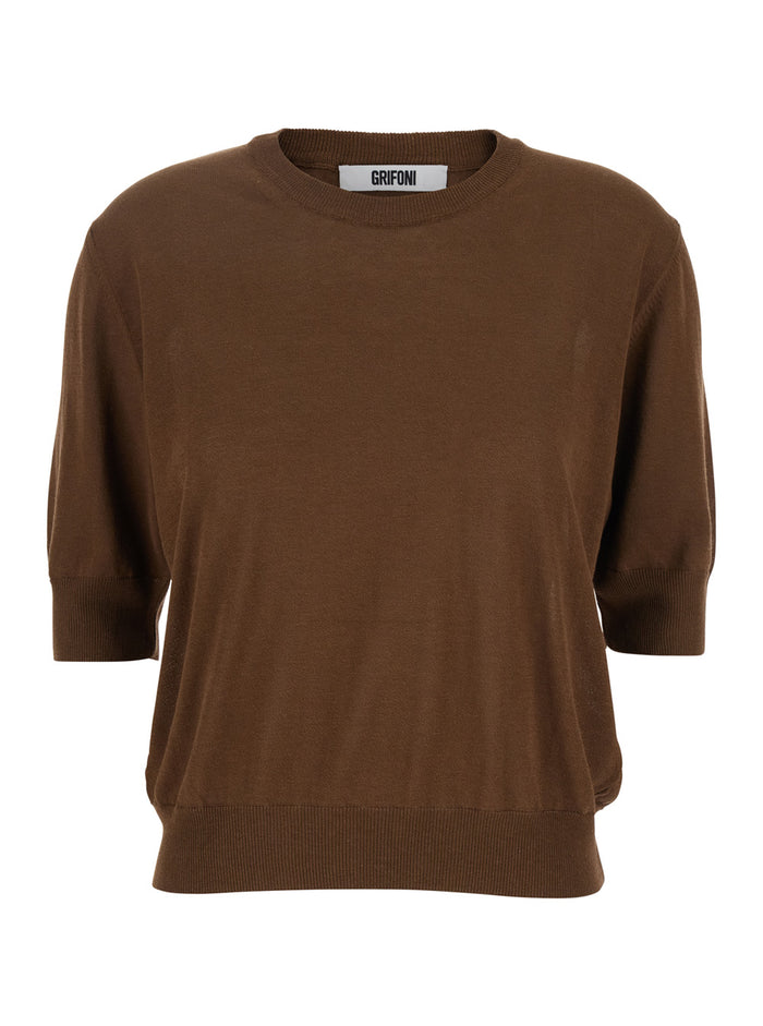 Brown Crewneck Sweater With Dropped Shoulders Cotton And Silk Blend Woman Jersey