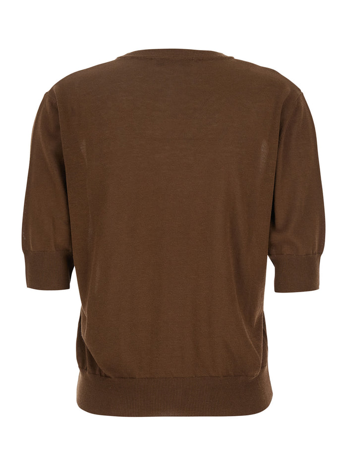 Brown Crewneck Sweater With Dropped Shoulders Cotton And Silk Blend Woman Jersey