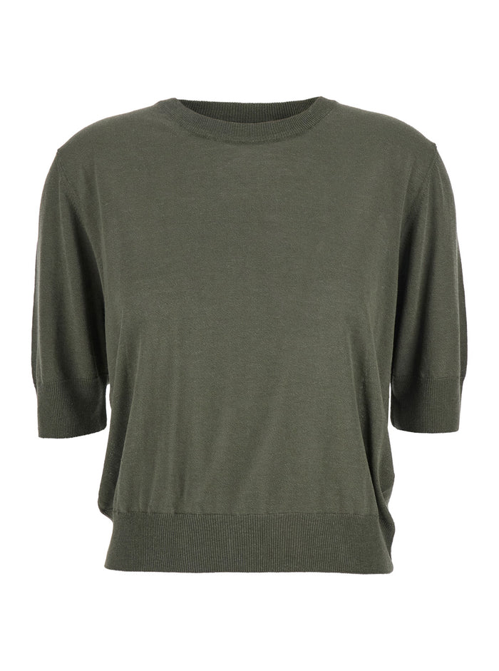 Green Crewneck Sweater With Dropped Shoulders Cotton And Silk Blend Woman Jersey