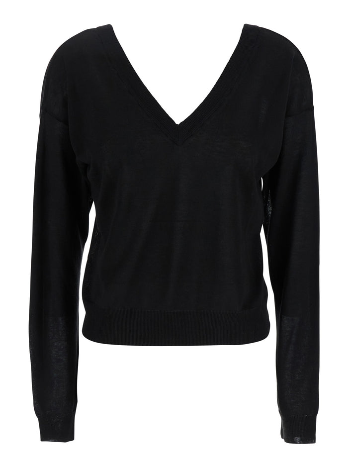 Black Cropped T-Shirt With V Neck Cotton And Silk Blend Woman Jersey