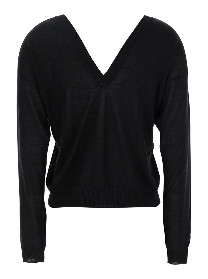 Black Cropped T-Shirt With V Neck Cotton And Silk Blend Woman Jersey