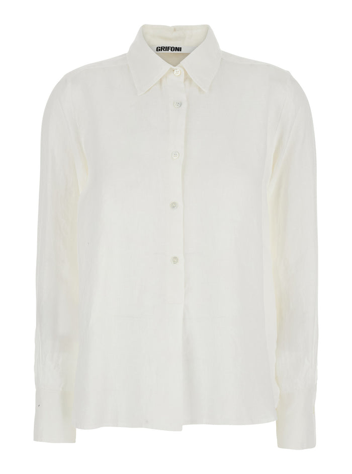 White Shirt With Classic Collar Linen Woman And Blouses