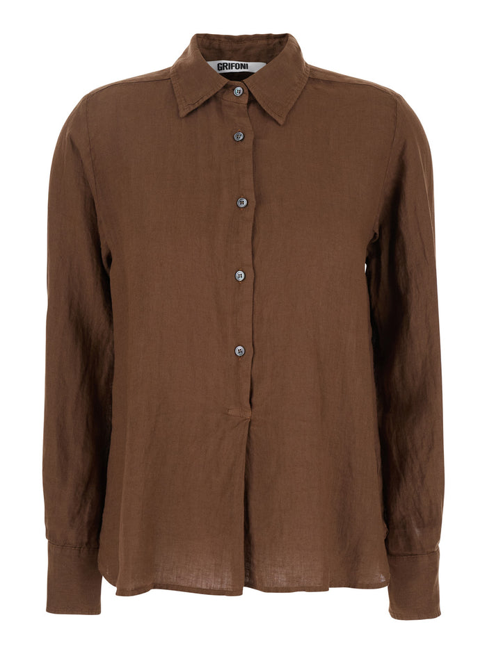 Brown Shirt With Classic Collar Linen Woman And Blouses
