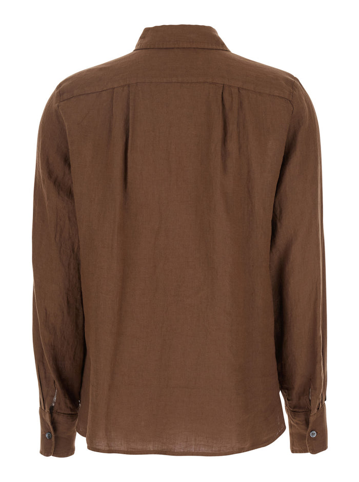 Brown Shirt With Classic Collar Linen Woman And Blouses
