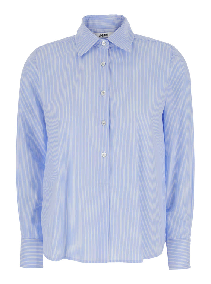 Light Blue Shirt With Classic Collar And All-Over Striped Motif Cotton Blend Woman Lyocell Blouses