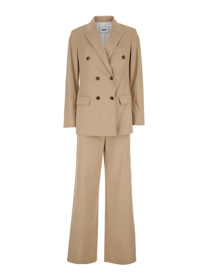 Beige Double-Breasted Suit With Notched Revers Cotton Woman Elastane Suits