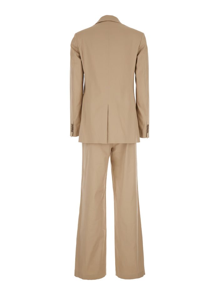 Beige Double-Breasted Suit With Notched Revers Cotton Woman Elastane Suits
