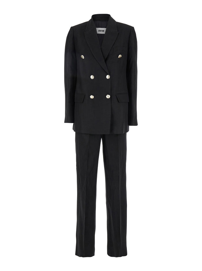 Black Double-Breasted Suit With Notched Revers Viscose And Linen Blend Woman Suits