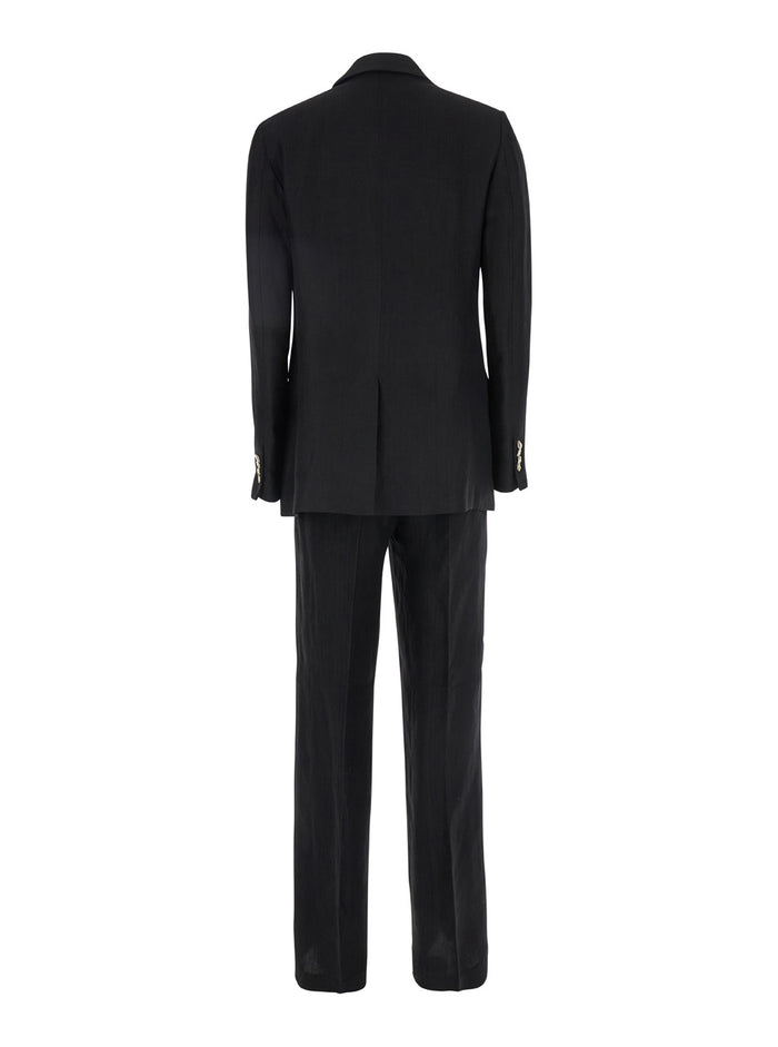 Black Double-Breasted Suit With Notched Revers Viscose And Linen Blend Woman Suits
