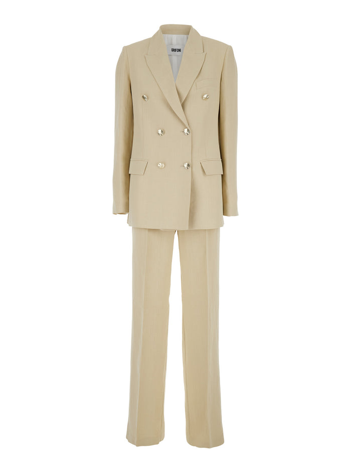Beige Double-Breasted Suit With Notched Revers Viscose And Linen Blend Woman Suits