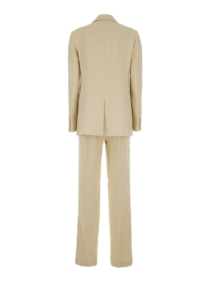 Beige Double-Breasted Suit With Notched Revers Viscose And Linen Blend Woman Suits