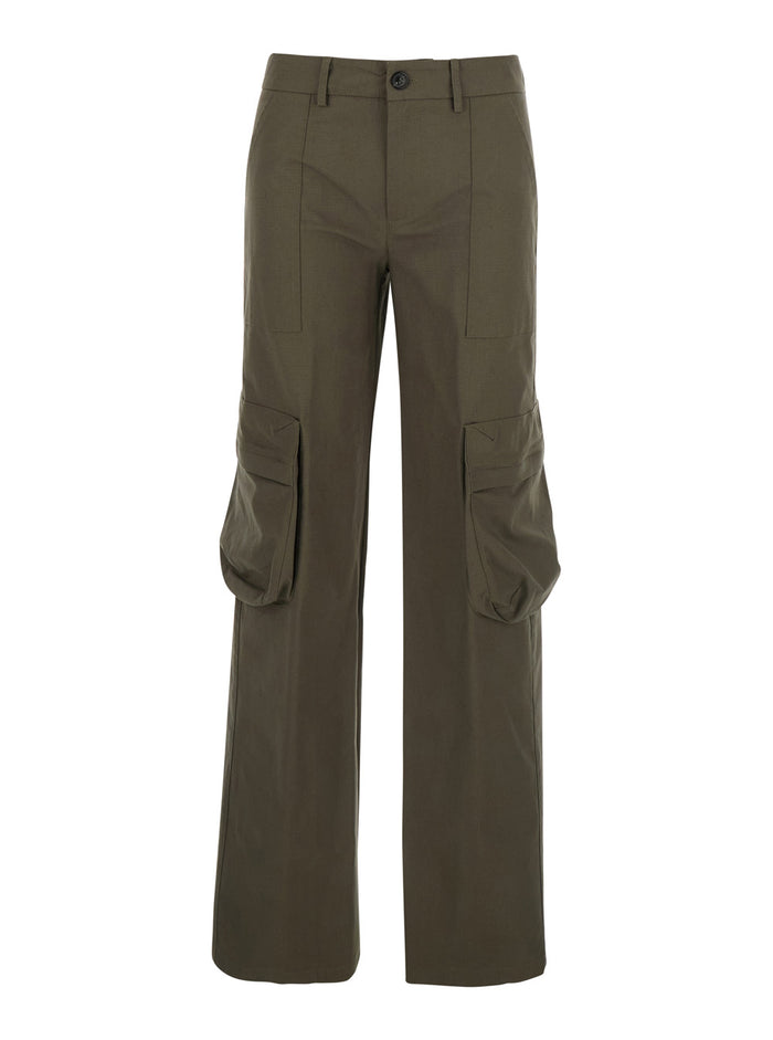 Green Pants With Applied Cargo Pockets Cotton Rip-Stop Woman Trousers