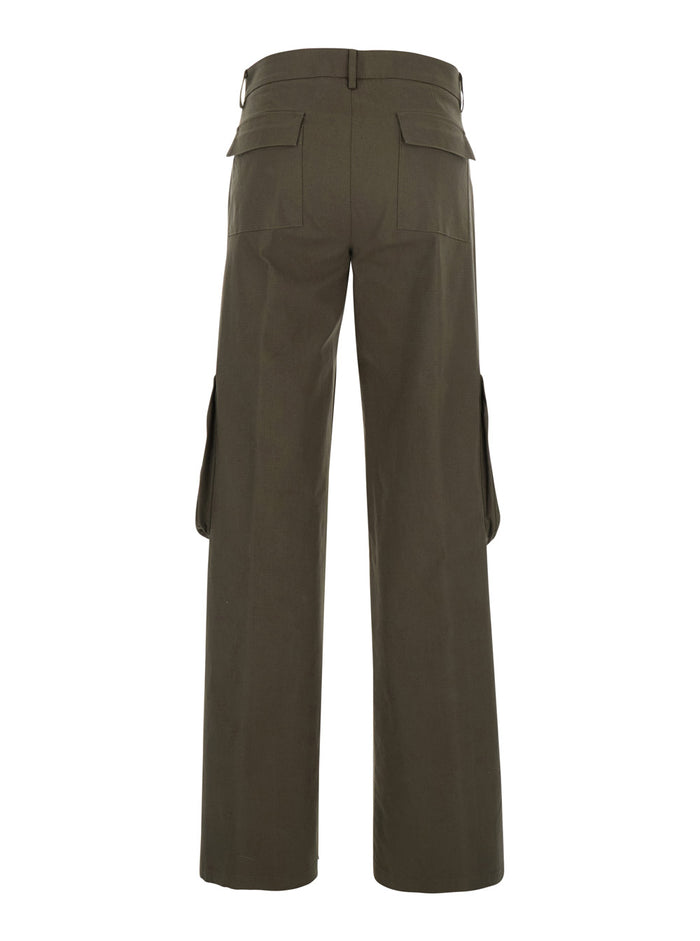 Green Pants With Applied Cargo Pockets Cotton Rip-Stop Woman Trousers