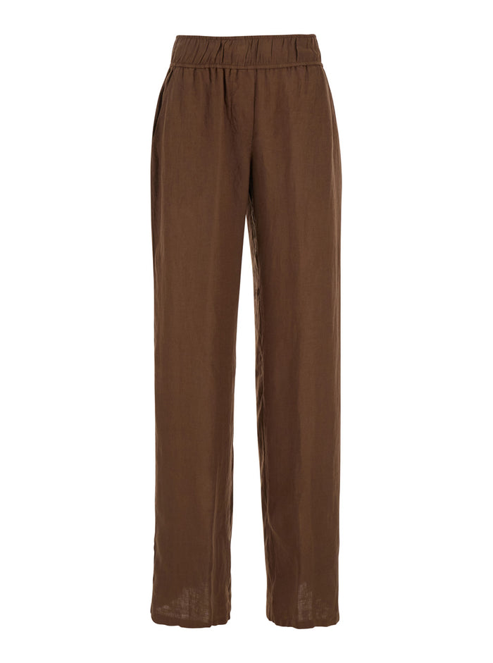Brown Pants With Elastic Waist Linen Woman Trousers