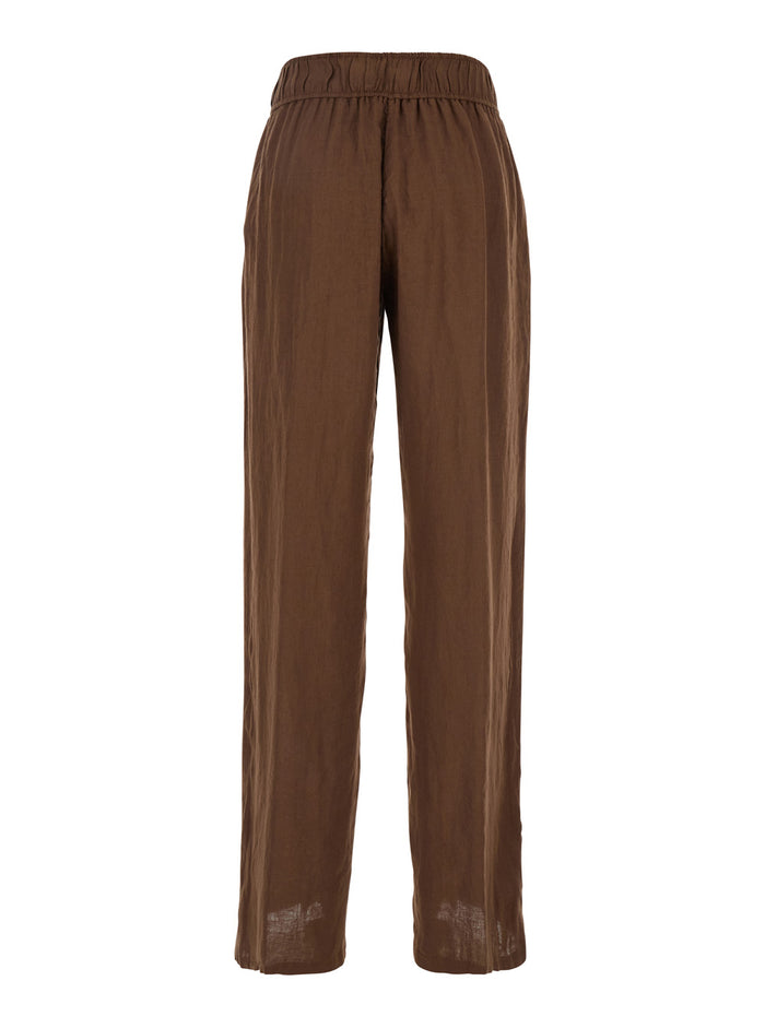 Brown Pants With Elastic Waist Linen Woman Trousers