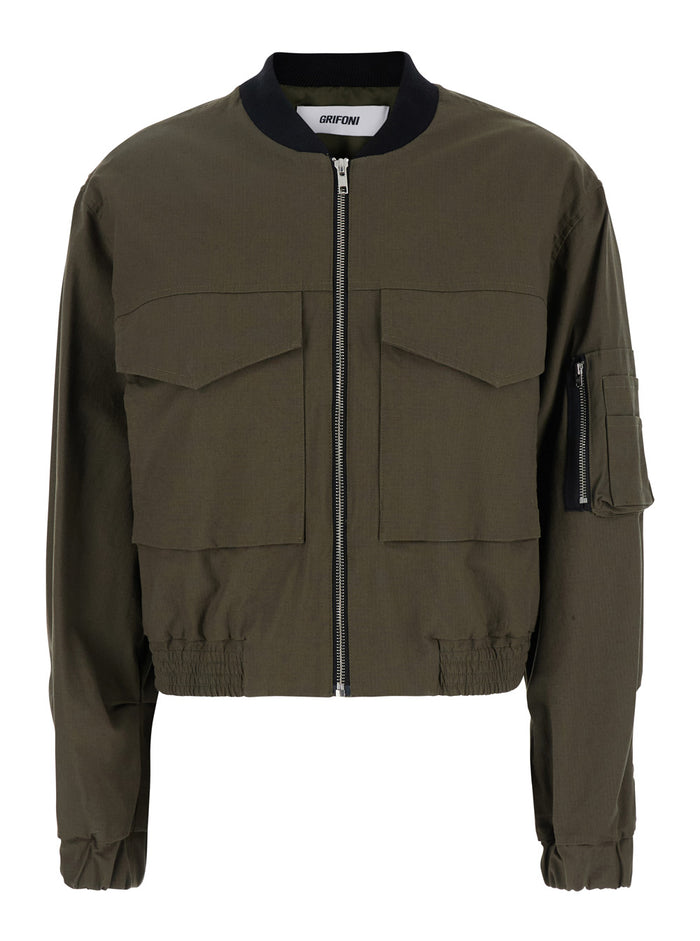 Green Cropped Jacket With Maxi Pockets On Front And Sleeve Cotton Woman