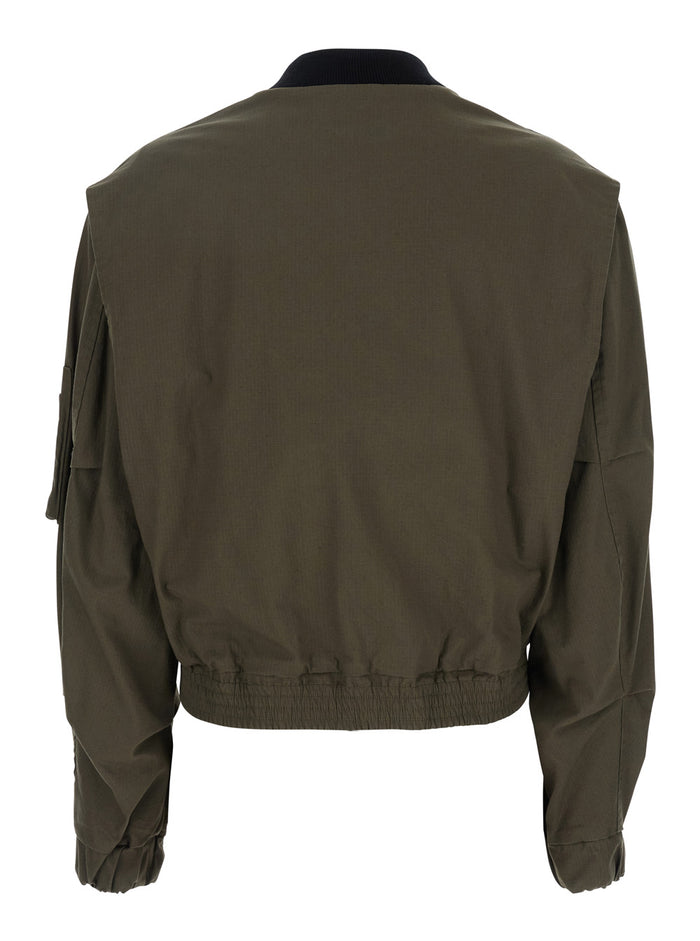 Green Cropped Jacket With Maxi Pockets On Front And Sleeve Cotton Woman