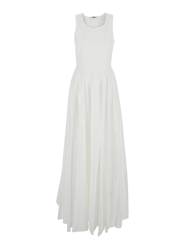 White Long Sleeveless Dress With Draped Details Cotton Woman