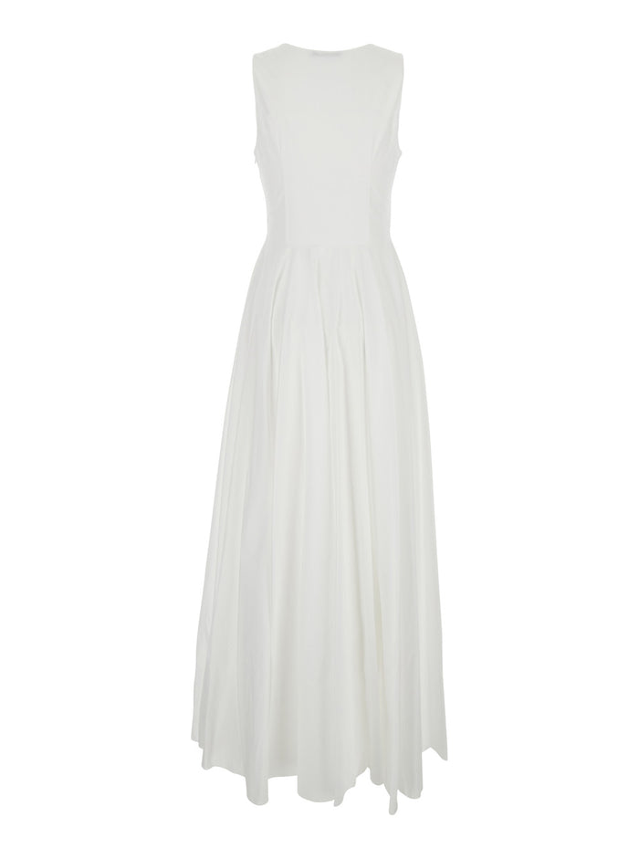 White Long Sleeveless Dress With Draped Details Cotton Woman