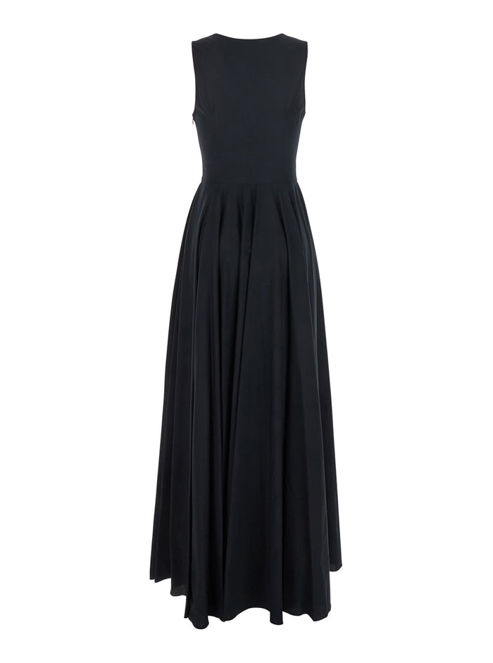 Black Long Sleeveless Dress With Draped Details Cotton Woman