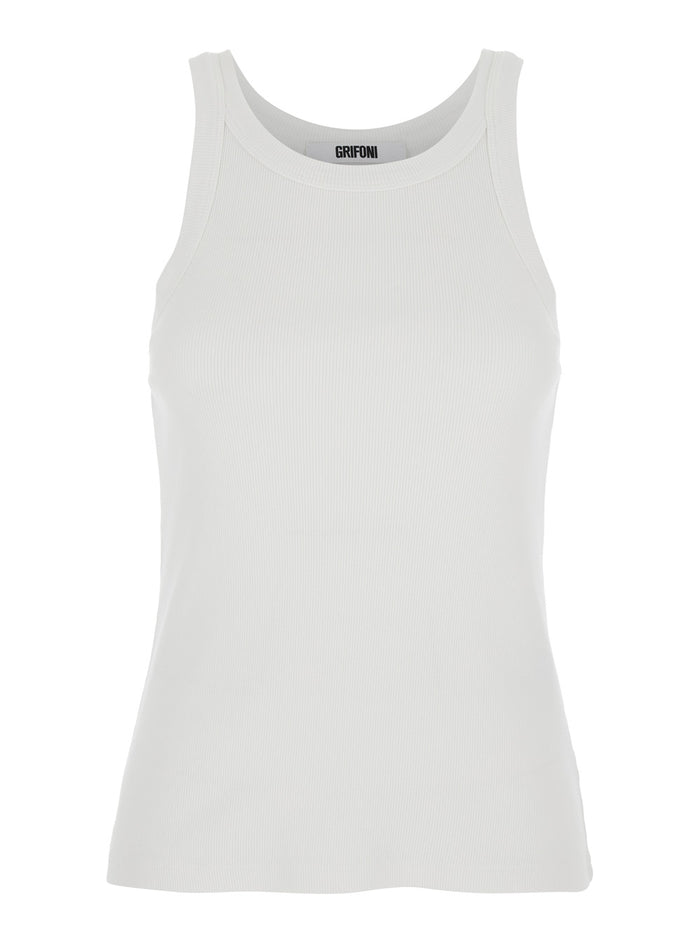White Sleeveless Crewneck Top Cotton Stretch Woman Elastane Tops
