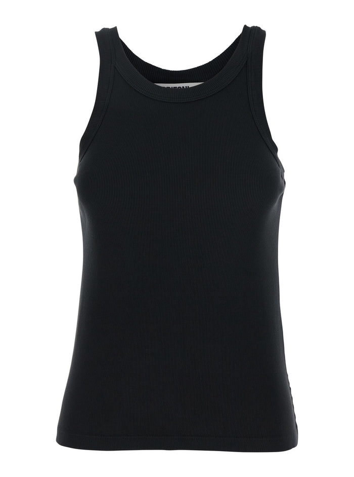 Black Crewneck Sleeveless Top Cotton Stretch Woman Elastane Tops